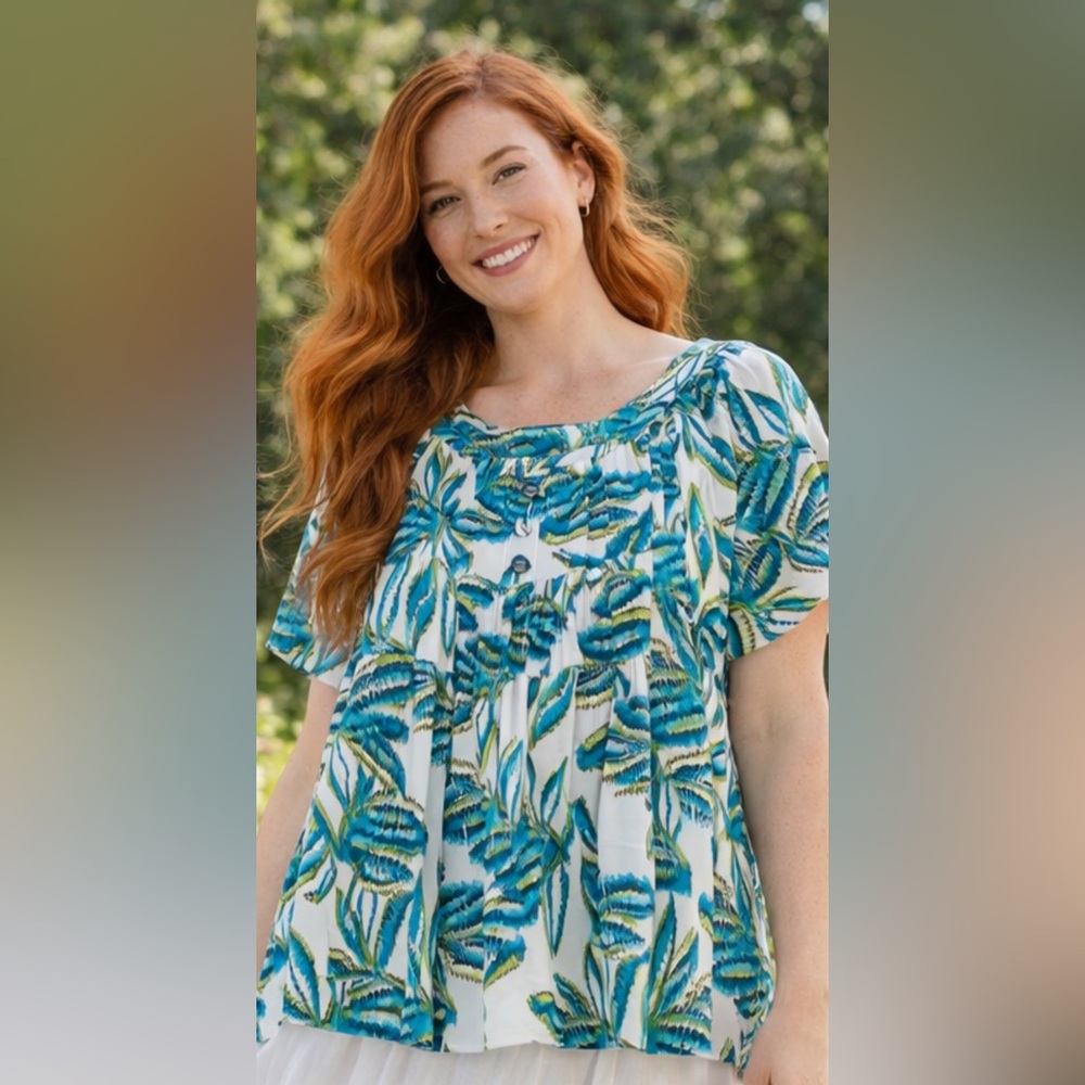 CJ Banks Teal and Green Leaf Print Blouse